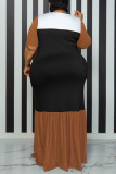 Light Brown Casual Solid Patchwork O Neck Straight Plus Size Dresses
