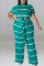 Cyan Casual Striped Print Bandage Patchwork O Neck Plus Size Two Pieces