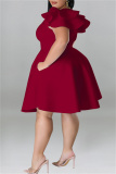 Burgundy Fashion Casual Solid Patchwork O Neck Short Sleeve Dress Plus Size Dresses