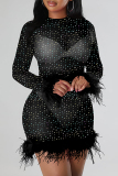 Blue Fashion Sexy Patchwork See-through O Neck Long Sleeve Dresses