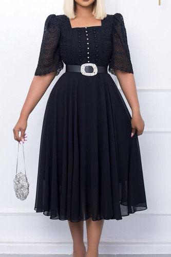 Black Formal Square Neck Lace Half Sleeve Beading With Belt A Line Pleated Flowy Garden Party Wedding Guest Dress