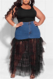 Black Fashion Casual Patchwork See-through Regular High Waist Skirts