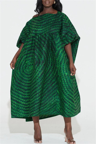 Green Fashion Casual Plus Size Print Patchwork O Neck Short Sleeve Dress