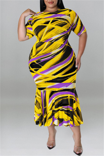 Yellow Fashion Casual Print Patchwork O Neck Short Sleeve Dress Plus Size Dresses