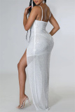 White Fashion Sexy Patchwork Hot Drilling Backless Slit Spaghetti Strap Evening Dress