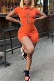 Orange Fashion Casual Solid Hollowed Out Turndown Collar Skinny Romper