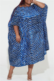 Blue Fashion Casual Plus Size Print Patchwork O Neck Short Sleeve Dress