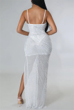 White Fashion Sexy Patchwork Hot Drilling Backless Slit Spaghetti Strap Evening Dress