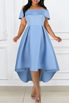 Sky Blue Fashion Sexy Solid Patchwork Backless Off the Shoulder Evening Dress