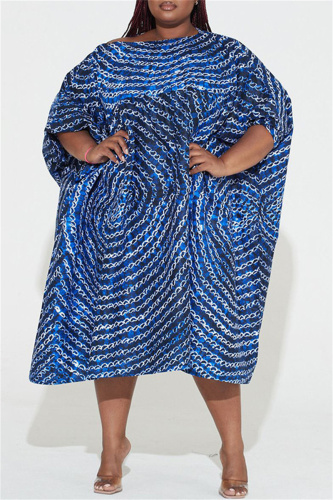 Blue Fashion Casual Plus Size Print Patchwork O Neck Short Sleeve Dress