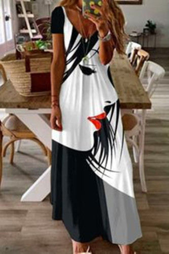 Black Fashion Casual Print Patchwork V Neck Short Sleeve Dress