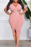 Pink Casual Solid Patchwork Fold Asymmetrical V Neck Plus Size Dresses(Without Belt)