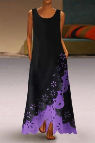 Purple Fashion Casual Patchwork Hollowed Out Asymmetrical O Neck Sleeveless Dress Dresses