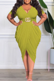 Green Casual Solid Patchwork Fold Asymmetrical V Neck Plus Size Dresses(Without Belt)