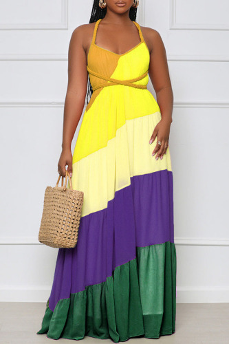 Yellow Sexy Print Patchwork Backless Straight Dresses