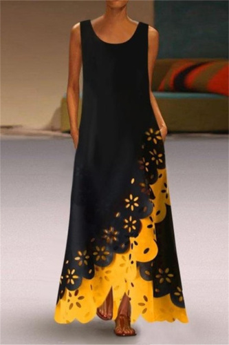 Gold Fashion Casual Patchwork Hollowed Out Asymmetrical O Neck Sleeveless Dress Dresses