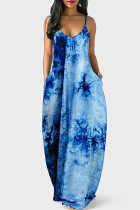 Deep Blue Fashion Sexy Print Backless V Neck Sling Dress
