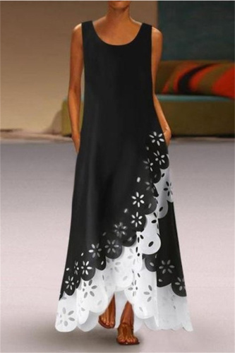 White Fashion Casual Patchwork Hollowed Out Asymmetrical O Neck Sleeveless Dress Dresses