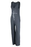Dark Gray Casual Print Patchwork V Neck Loose Jumpsuits