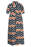 Tangerine Red Casual Striped Print Patchwork Buckle Turndown Collar A Line Plus Size Dresses(Without Belt)