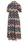 Blue Casual Striped Print Patchwork Buckle Turndown Collar A Line Plus Size Dresses(Without Belt)