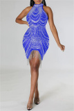 Blue Fashion Sexy Patchwork Hot Drilling Tassel Half A Turtleneck Sleeveless Dress