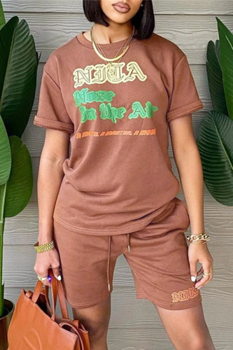 Brown Fashion Casual Letter Print Basic O Neck Short Sleeve Two Pieces