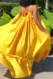 Grass Yellow Sexy Casual Solid Backless Spaghetti Strap Loose Sling Dress
