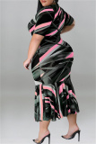 Black Fashion Casual Print Patchwork O Neck Short Sleeve Dress Plus Size Dresses