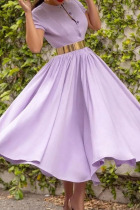 Light Purple Casual Solid Patchwork Buckle With Belt O Neck A Line Dresses(Contain The Belt)