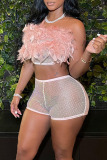 Pink Sexy Solid Patchwork See-through Feathers Strapless Sleeveless Two Pieces
