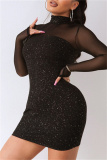 Black Fashion Sexy Patchwork Sequins See-through Turtleneck Long Sleeve Dresses