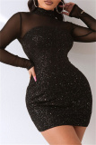 Black Fashion Sexy Patchwork Sequins See-through Turtleneck Long Sleeve Dresses