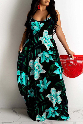 Green Sexy Print Patchwork Spaghetti Strap Sling Dress Plus Size Dresses