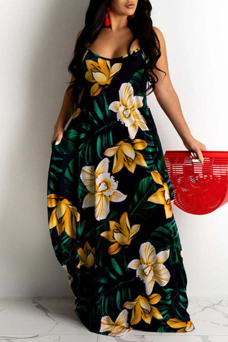 Yellow Sexy Print Patchwork Spaghetti Strap Sling Dress Plus Size Dresses