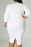 White Casual Solid Bandage Patchwork V Neck One Step Skirt Plus Size Dresses