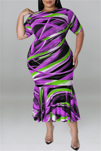 Purple Fashion Casual Print Patchwork O Neck Short Sleeve Dress Plus Size Dresses