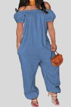 Blue Casual Solid Patchwork Off the Shoulder Loose Jumpsuits