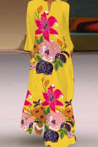 Yellow Casual Print Patchwork V Neck Straight Dresses