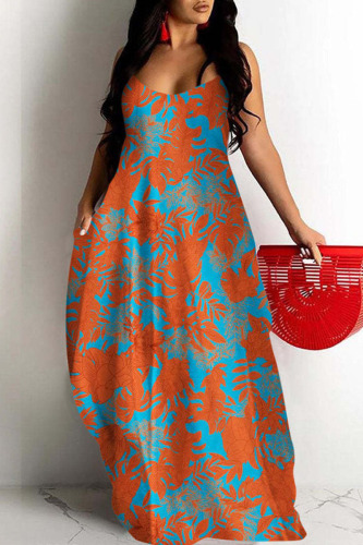 Cyan Sexy Print Patchwork Spaghetti Strap Sling Dress Plus Size Dresses