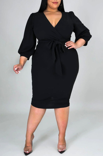 Black Casual Solid Bandage Patchwork V Neck One Step Skirt Plus Size Dresses