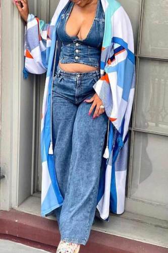 Blue White Fashion Casual Print Patchwork Outerwear(Without Belt)