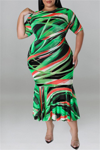 Green Fashion Casual Print Patchwork O Neck Short Sleeve Dress Plus Size Dresses