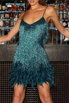 Peacock Blue Fashion Sexy Patchwork Sequins Feathers V Neck Sling Dress Dresses