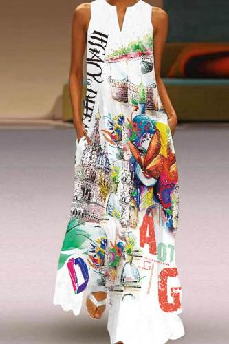 White Casual College Print Patchwork V Neck Long Dress Dresses