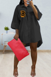 Black Fashion Casual Letter Print Patchwork Turndown Collar Shirt Dress Dresses