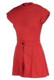 Red Sexy Solid Patchwork Half A Turtleneck Sleeveless Two Pieces