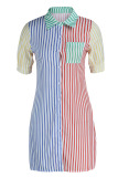 Colour Casual Print Patchwork Buckle Turndown Collar Dresses