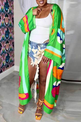 Fluorescent Green Fashion Casual Print Patchwork Outerwear(Without Belt)