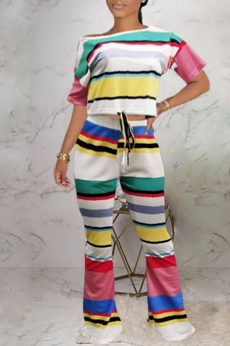 Pink Casual Striped Print Patchwork Oblique Collar Short Sleeve Two Pieces